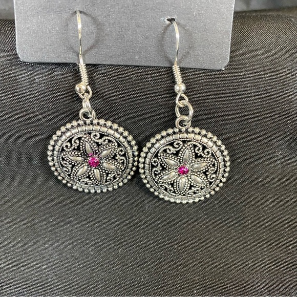 Jewelry - Silver Boho Floral Dangle Earrings with Pink Center Gem